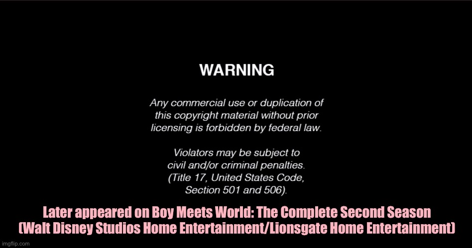 2004 *FHE FBI Warning Screen on *BMW: Season 2 DVD | Later appeared on Boy Meets World: The Complete Second Season (Walt Disney Studios Home Entertainment/Lionsgate Home Entertainment) | image tagged in disney,dvd,2010s,tv show,90s,classic | made w/ Imgflip meme maker