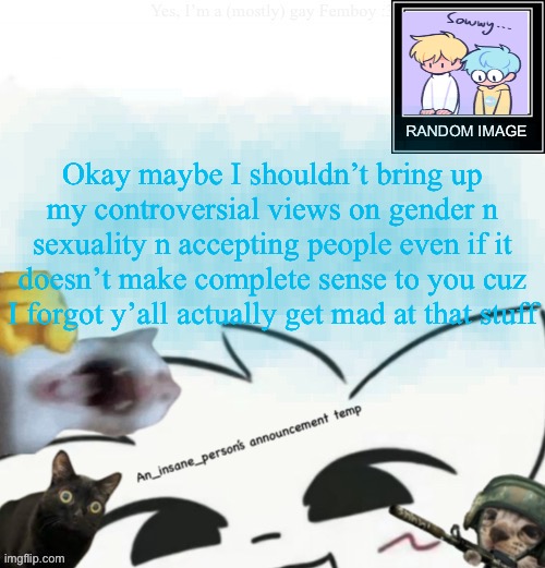 My lil announcement | Okay maybe I shouldn’t bring up my controversial views on gender n sexuality n accepting people even if it doesn’t make complete sense to you cuz I forgot y’all actually get mad at that stuff | image tagged in my lil announcement | made w/ Imgflip meme maker
