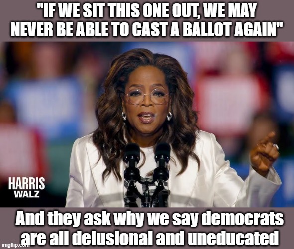 Oprah Lies Again | "IF WE SIT THIS ONE OUT, WE MAY NEVER BE ABLE TO CAST A BALLOT AGAIN"; And they ask why we say democrats are all delusional and uneducated | image tagged in oprah lies again | made w/ Imgflip meme maker