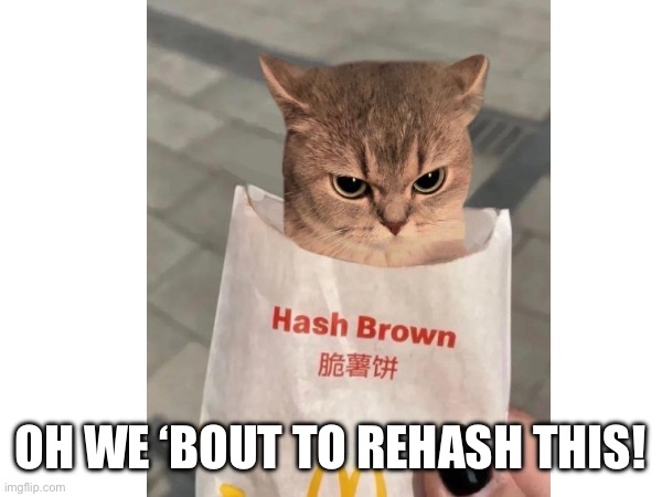 Rehash | OH WE ‘BOUT TO REHASH THIS! | image tagged in rehash,hashbrown | made w/ Imgflip meme maker