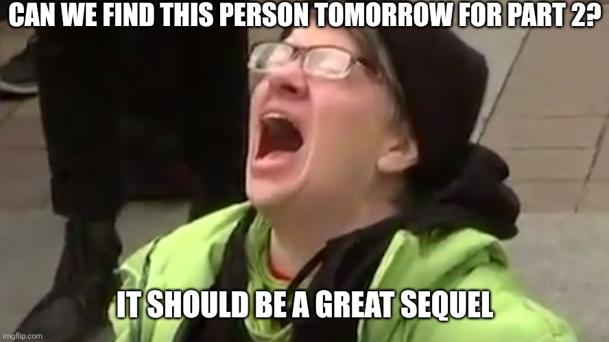 Let's go! | CAN WE FIND THIS PERSON TOMORROW FOR PART 2? IT SHOULD BE A GREAT SEQUEL | image tagged in screaming liberal,democrats,election,liberals | made w/ Imgflip meme maker