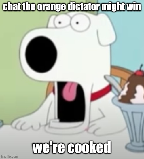 shocked brian | chat the orange dictator might win; we're cooked | image tagged in shocked brian | made w/ Imgflip meme maker