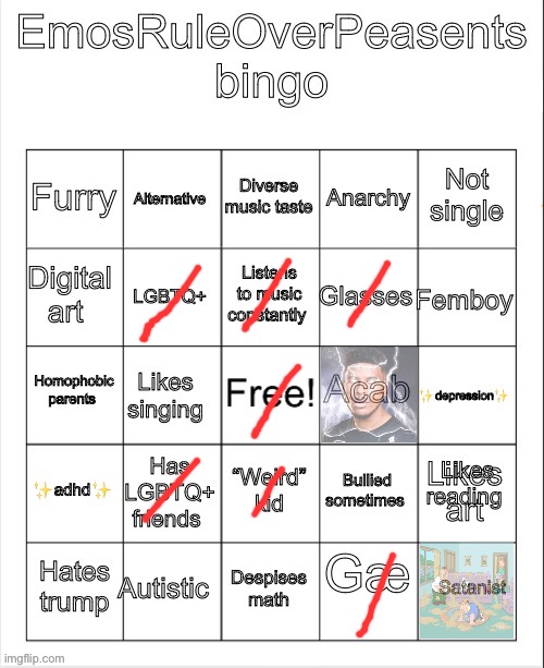 quick reminder that the person behind this bingo sucks | image tagged in emosruleoverpeasents bingo 2 | made w/ Imgflip meme maker