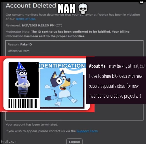 Bluey fans making fake ids be like | NAH; NAH 💀 | image tagged in roblox fake id,crayons,bluey,banned from roblox | made w/ Imgflip meme maker