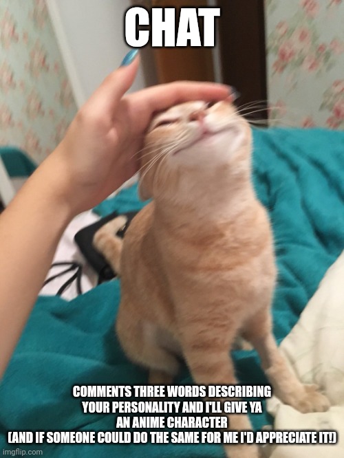 Cringe, ik, but I'm bored | CHAT; COMMENTS THREE WORDS DESCRIBING YOUR PERSONALITY AND I'LL GIVE YA AN ANIME CHARACTER
(AND IF SOMEONE COULD DO THE SAME FOR ME I'D APPRECIATE IT!) | image tagged in cat pat | made w/ Imgflip meme maker