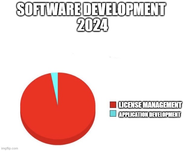 Modern Software Development | SOFTWARE DEVELOPMENT 
2024; LICENSE MANAGEMENT; APPLICATION DEVELOPMENT | image tagged in pie graph meme | made w/ Imgflip meme maker