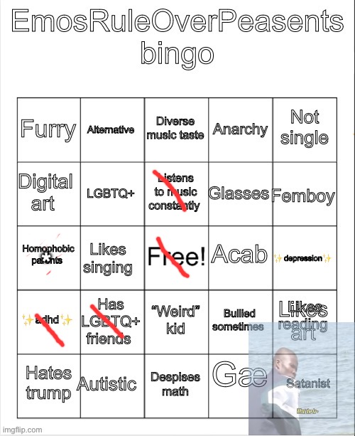 EmosRuleOverPeasents bingo #2 | * - both my parents are conservative soo no gay allowed**
** - neither of my parents have knowledge of this account***
*** - also they’re divorced; * | image tagged in emosruleoverpeasents bingo 2 | made w/ Imgflip meme maker