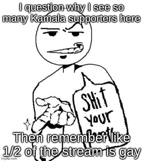 Shit your pants | I question why I see so many Kamala supporters here; Then remember like 1/2 of the stream is gay | image tagged in shit your pants | made w/ Imgflip meme maker