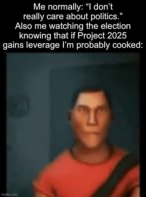 . | Me normally: “I don’t really care about politics.”
Also me watching the election knowing that if Project 2025 gains leverage I’m probably cooked: | image tagged in disappointed scout | made w/ Imgflip meme maker