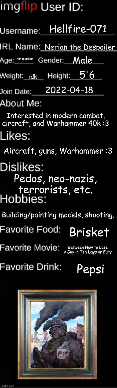 Balls | Hellfire-071; Nerian the Despoiler; Male; 7.54 quadrillion; 5'6; idk; 2022-04-18; Interested in modern combat, aircraft, and Warhammer 40k :3; Aircraft, guns, Warhammer :3; Pedos, neo-nazis, terrorists, etc. Building/painting models, shooting. Brisket; Between How to Lose a Guy in Ten Days or Fury; Pepsi | image tagged in imgflip user id | made w/ Imgflip meme maker