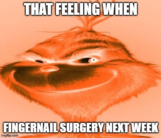 real | THAT FEELING WHEN; FINGERNAIL SURGERY NEXT WEEK | image tagged in the orange grinch | made w/ Imgflip meme maker