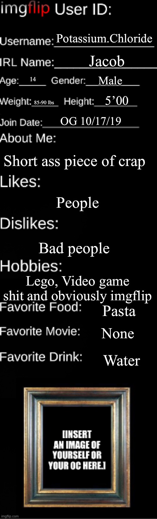 Imgflip user ID | Potassium.Chloride; Jacob; Male; 14; 5’00; 85-90 lbs; OG 10/17/19; Short ass piece of crap; People; Bad people; Lego, Video game shit and obviously imgflip; Pasta; None; Water | image tagged in imgflip user id | made w/ Imgflip meme maker