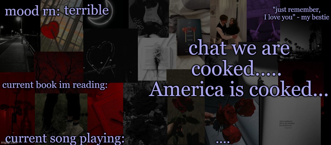 we. are. cooked. | terrible; chat we are cooked..... 
America is cooked... ... .... | image tagged in eek_ temp 3 | made w/ Imgflip meme maker