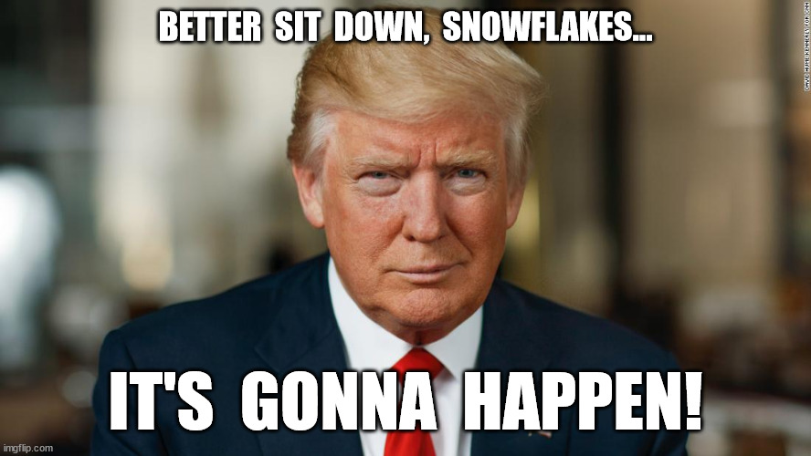 Trump wins! | BETTER  SIT  DOWN,  SNOWFLAKES... IT'S  GONNA  HAPPEN! | image tagged in donald trump,president trump | made w/ Imgflip meme maker