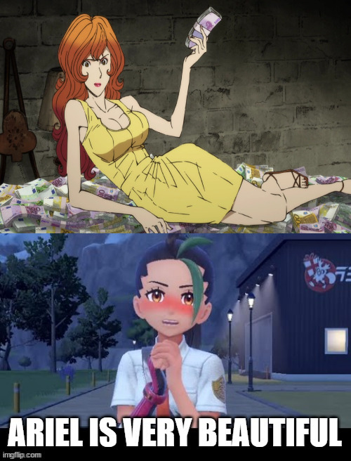 nemona finds fujiko mine beautiful | image tagged in nemona finds ariel beautiful,anime,anime meme,anime girl,hot girl | made w/ Imgflip meme maker