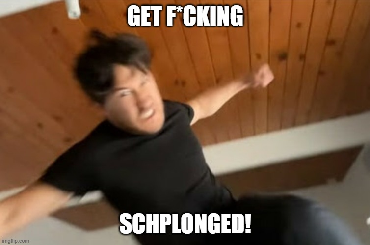 I remade a meme from a video I saw. | GET F*CKING; SCHPLONGED! | image tagged in markiplier punch,random bullshit go,repost | made w/ Imgflip meme maker