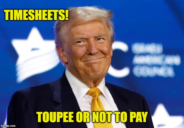 Toupee or not to Pay Timesheet Reminder | TIMESHEETS! TOUPEE OR NOT TO PAY | image tagged in toupee or not to pay timesheet reminder,timesheet reminder,toupee,meme,trump meme,trump timesheet reminder | made w/ Imgflip meme maker