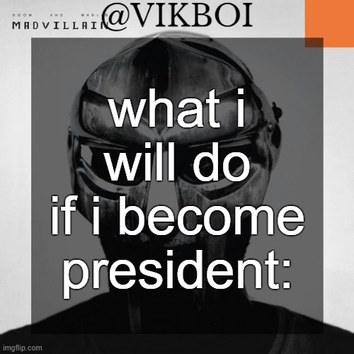 VIKBOI MADVILLAINY TEMPLATE | what i will do if i become president: | image tagged in vikboi madvillainy template | made w/ Imgflip meme maker