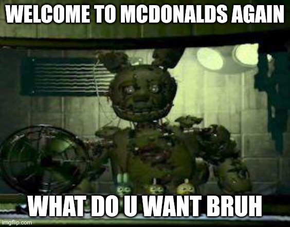 William Afton in McDonald's job be like pt 2...put up ur orders | WELCOME TO MCDONALDS AGAIN; WHAT DO U WANT BRUH | image tagged in fnaf springtrap in window | made w/ Imgflip meme maker