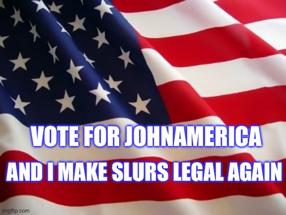 JohnAmerica 2024 | VOTE FOR JOHNAMERICA; AND I MAKE SLURS LEGAL AGAIN | image tagged in american flag | made w/ Imgflip meme maker