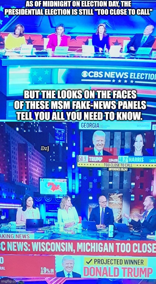 President Trump 47 WINNER | AS OF MIDNIGHT ON ELECTION DAY, THE PRESIDENTIAL ELECTION IS STILL "TOO CLOSE TO CALL"; BUT THE LOOKS ON THE FACES OF THESE MSM FAKE-NEWS PANELS TELL YOU ALL YOU NEED TO KNOW. DzJ | image tagged in president trump,winner,butthurt liberals,triggered | made w/ Imgflip meme maker