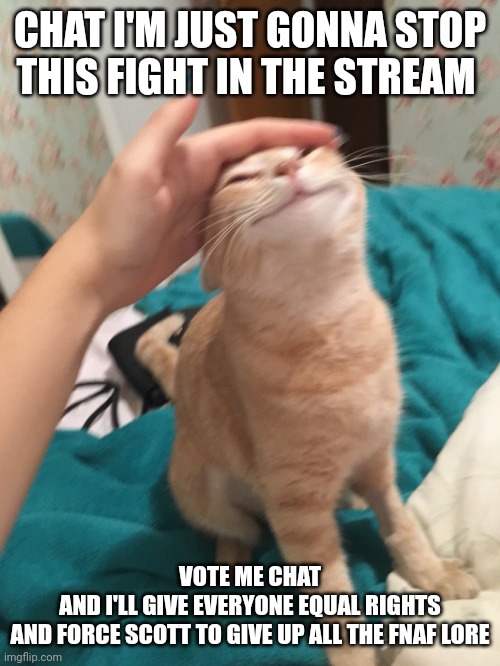 /hj | CHAT I'M JUST GONNA STOP THIS FIGHT IN THE STREAM; VOTE ME CHAT
AND I'LL GIVE EVERYONE EQUAL RIGHTS
AND FORCE SCOTT TO GIVE UP ALL THE FNAF LORE | image tagged in cat pat | made w/ Imgflip meme maker