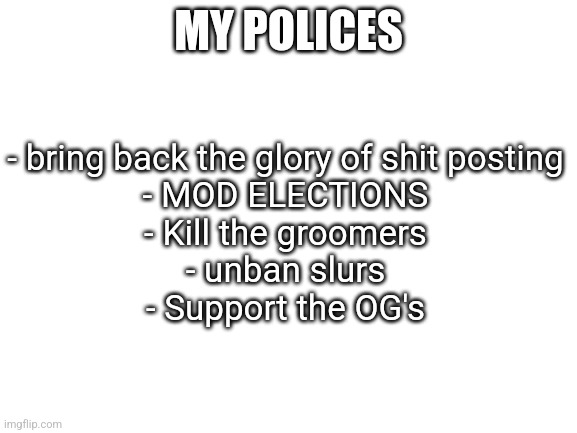 Blank White Template | MY POLICES; - bring back the glory of shit posting
- MOD ELECTIONS
- Kill the groomers
- unban slurs
- Support the OG's | image tagged in blank white template | made w/ Imgflip meme maker