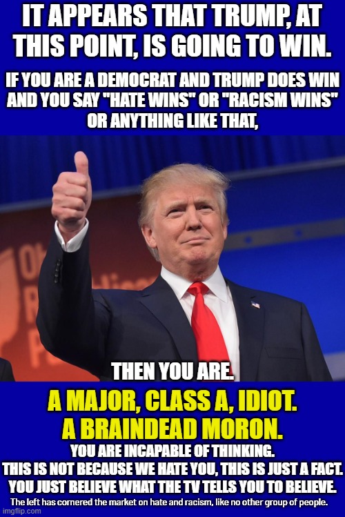 America is the least racist it has ever been but you will never hear that in the media.  You are being manipulated. | IT APPEARS THAT TRUMP, AT THIS POINT, IS GOING TO WIN. IF YOU ARE A DEMOCRAT AND TRUMP DOES WIN; AND YOU SAY "HATE WINS" OR "RACISM WINS"
OR ANYTHING LIKE THAT, THEN YOU ARE. A MAJOR, CLASS A, IDIOT.
A BRAINDEAD MORON. YOU ARE INCAPABLE OF THINKING.
THIS IS NOT BECAUSE WE HATE YOU, THIS IS JUST A FACT.
YOU JUST BELIEVE WHAT THE TV TELLS YOU TO BELIEVE. The left has cornered the market on hate and racism, like no other group of people. | image tagged in donald trump,dems are the only racists in america,dems have taken hate to a new high | made w/ Imgflip meme maker