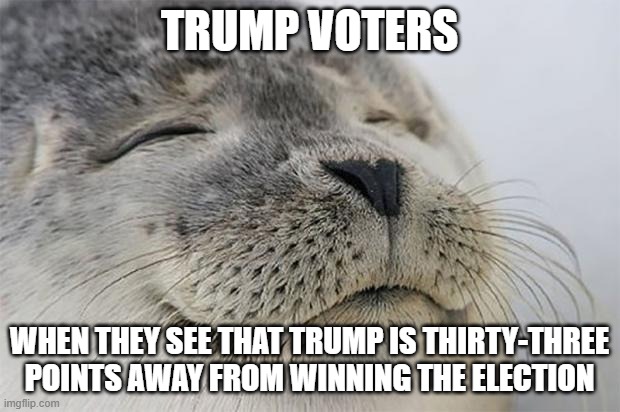 Satisfied Seal | TRUMP VOTERS; WHEN THEY SEE THAT TRUMP IS THIRTY-THREE POINTS AWAY FROM WINNING THE ELECTION | image tagged in memes,satisfied seal | made w/ Imgflip meme maker