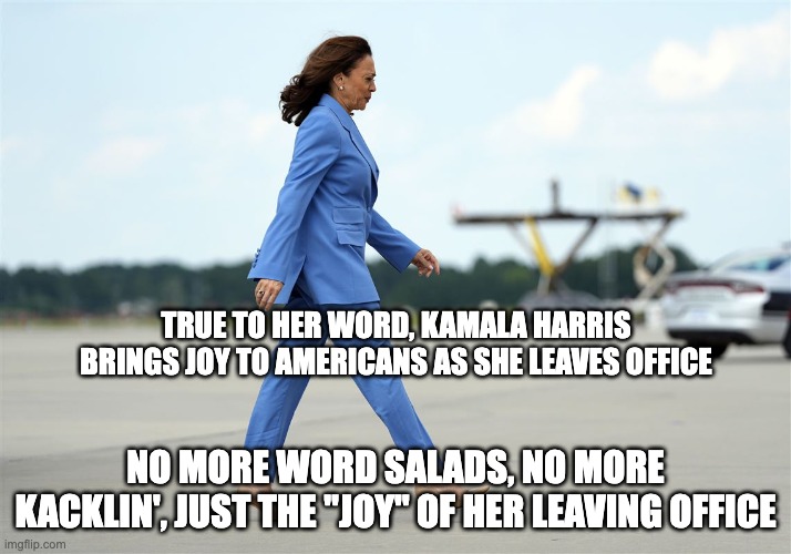 pure joy - rohb/rupe | TRUE TO HER WORD, KAMALA HARRIS BRINGS JOY TO AMERICANS AS SHE LEAVES OFFICE; NO MORE WORD SALADS, NO MORE KACKLIN', JUST THE "JOY" OF HER LEAVING OFFICE | image tagged in kamala harris,donald trump | made w/ Imgflip meme maker