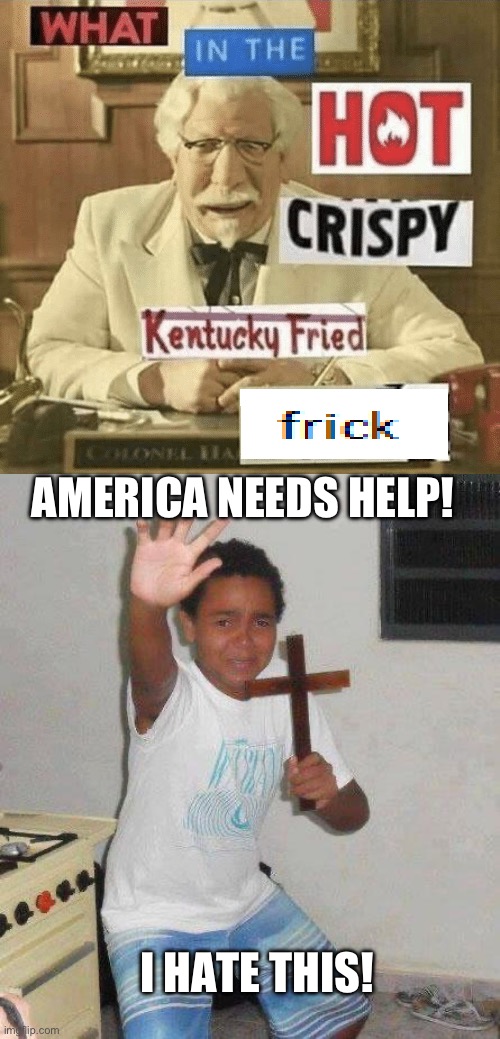 AMERICA NEEDS HELP! I HATE THIS! | image tagged in what in the hot crispy kentucky fried frick,kid with cross | made w/ Imgflip meme maker