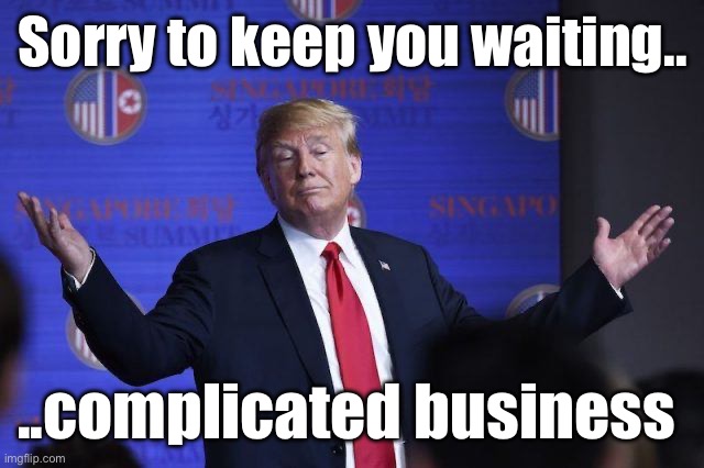 Honey I’m Home | Sorry to keep you waiting.. ..complicated business | image tagged in donald trump,2024 | made w/ Imgflip meme maker