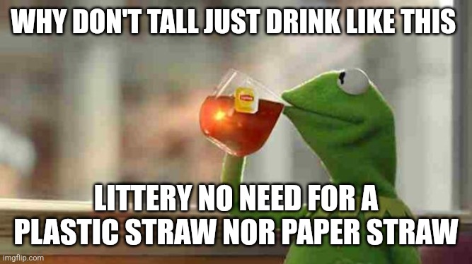 Kermit sipping tea | WHY DON'T TALL JUST DRINK LIKE THIS LITTERY NO NEED FOR A PLASTIC STRAW NOR PAPER STRAW | image tagged in kermit sipping tea | made w/ Imgflip meme maker