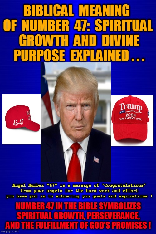 Meet President Number 47 !! | BIBLICAL  MEANING  OF  NUMBER  47:  SPIRITUAL  GROWTH  AND  DIVINE  PURPOSE  EXPLAINED . . . Angel Number "47" is a message of 'Congratulations' from your angels for the hard work and effort you have put in to achieving you goals and aspirations ! NUMBER 47 IN THE BIBLE SYMBOLIZES SPIRITUAL GROWTH, PERSEVERANCE, AND THE FULFILLMENT OF GOD'S PROMISES ! | image tagged in donald trump,donald trump approves,make america great again,god bless america,this is america,love and friendship | made w/ Imgflip meme maker