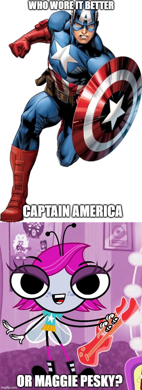 Who Wore It Better Wednesday #235 - White stars | WHO WORE IT BETTER; CAPTAIN AMERICA; OR MAGGIE PESKY? | image tagged in memes,who wore it better,captain america,the buzz on maggie,marvel,disney channel | made w/ Imgflip meme maker