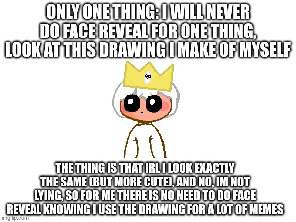 Why I will never do a face reveal | ONLY ONE THING: I WILL NEVER DO FACE REVEAL FOR ONE THING, LOOK AT THIS DRAWING I MAKE OF MYSELF; THE THING IS THAT IRL I LOOK EXACTLY THE SAME (BUT MORE CUTE), AND NO, IM NOT LYING, SO FOR ME THERE IS NO NEED TO DO FACE REVEAL KNOWING I USE THE DRAWING FOR A LOT OF MEMES | image tagged in so,don't,ask,me,to,do it | made w/ Imgflip meme maker