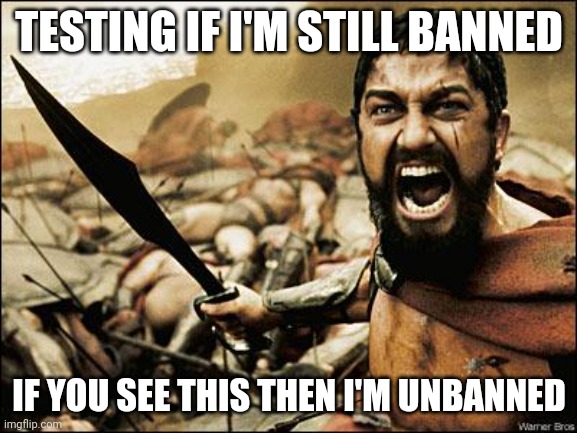 Spartan Leonidas | TESTING IF I'M STILL BANNED; IF YOU SEE THIS THEN I'M UNBANNED | image tagged in spartan leonidas | made w/ Imgflip meme maker