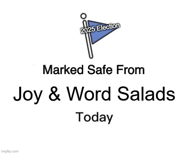 Marked Safe From | 2025 Election; Joy & Word Salads | image tagged in memes,marked safe from | made w/ Imgflip meme maker