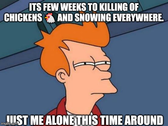 Home alone ? | ITS FEW WEEKS TO KILLING OF CHICKENS 🐔 AND SNOWING EVERYWHERE. JUST ME ALONE THIS TIME AROUND | image tagged in memes,futurama fry | made w/ Imgflip meme maker