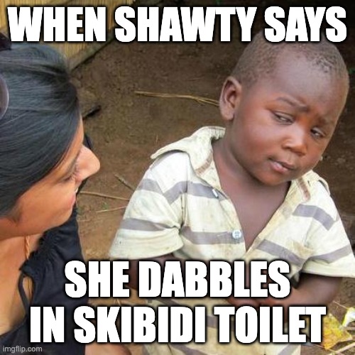 shawty | WHEN SHAWTY SAYS; SHE DABBLES IN SKIBIDI TOILET | image tagged in memes,third world skeptical kid,skibidi toilet,girls | made w/ Imgflip meme maker