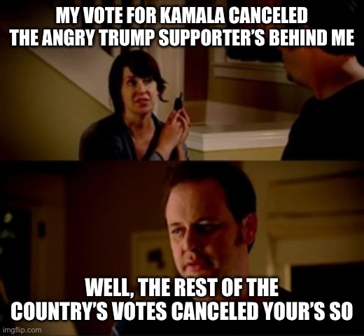 Jake from state farm | MY VOTE FOR KAMALA CANCELED THE ANGRY TRUMP SUPPORTER’S BEHIND ME WELL, THE REST OF THE COUNTRY’S VOTES CANCELED YOUR’S SO | image tagged in jake from state farm | made w/ Imgflip meme maker