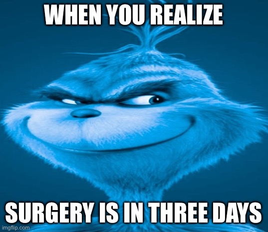 Even the Ai knows | WHEN YOU REALIZE; SURGERY IS IN THREE DAYS | image tagged in blue grinch | made w/ Imgflip meme maker