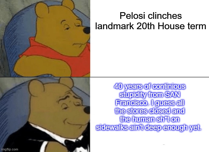 Look up the defintion of Insanity | Pelosi clinches landmark 20th House term; 40 years of continious stupidity from SAN Francisco. I guess all the stores closed and the human sh*t on sidewalks ain't deep enough yet. | image tagged in memes,tuxedo winnie the pooh | made w/ Imgflip meme maker