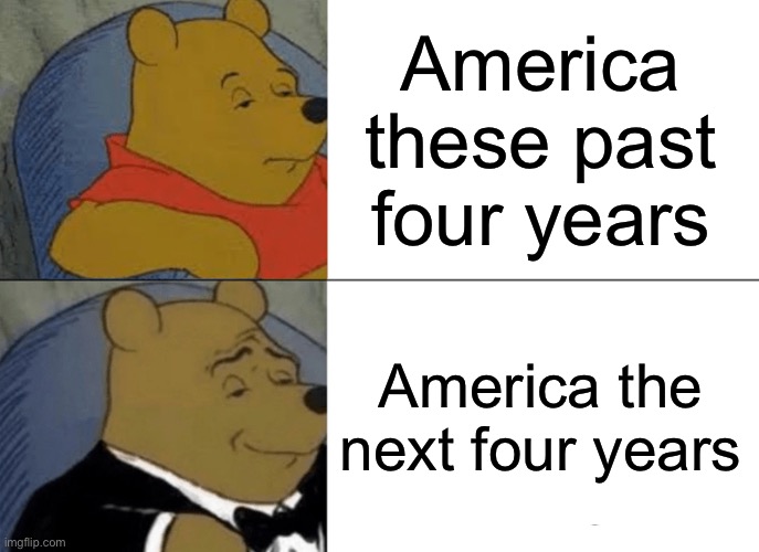 Tuxedo Winnie The Pooh | America these past four years; America the next four years | image tagged in memes,tuxedo winnie the pooh | made w/ Imgflip meme maker