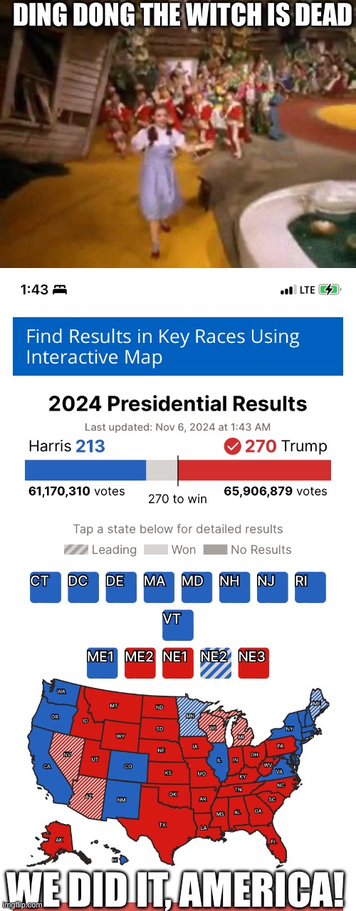 DING DONG THE WITCH IS DEAD; WE DID IT, AMERICA! | image tagged in ding dong the witch is dead | made w/ Imgflip meme maker
