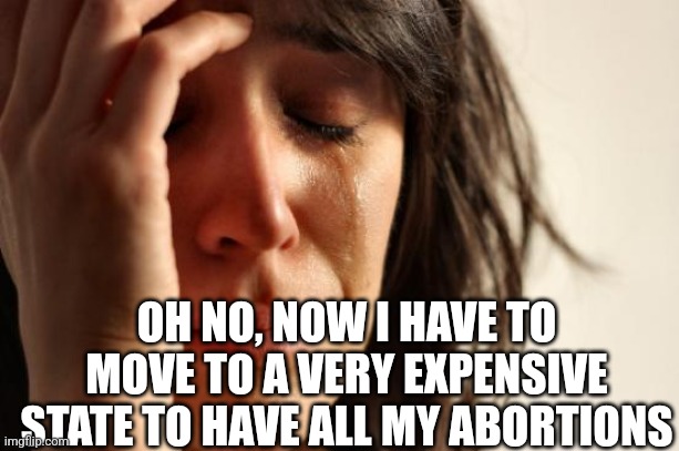 First World Problems Meme | OH NO, NOW I HAVE TO MOVE TO A VERY EXPENSIVE STATE TO HAVE ALL MY ABORTIONS | image tagged in memes,first world problems | made w/ Imgflip meme maker