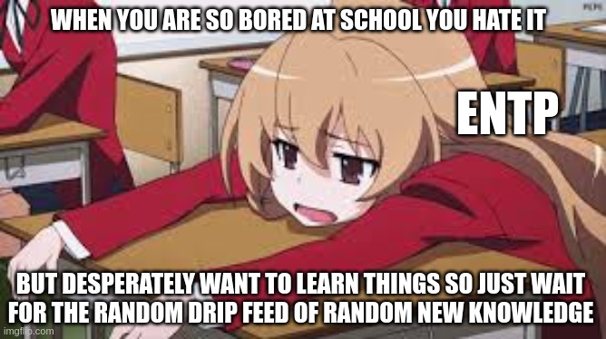 School for ENTP | WHEN YOU ARE SO BORED AT SCHOOL YOU HATE IT; ENTP; BUT DESPERATELY WANT TO LEARN THINGS SO JUST WAIT
FOR THE RANDOM DRIP FEED OF RANDOM NEW KNOWLEDGE | image tagged in bored anime girl,entp,mbti,myers briggs,personality,school | made w/ Imgflip meme maker