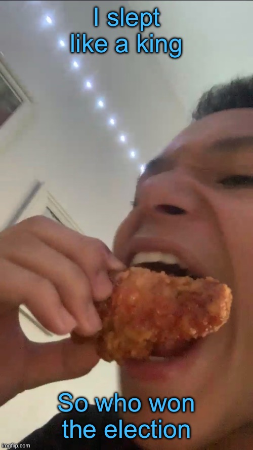 LaLa eating Popeyes (fatass) | I slept like a king; So who won the election | image tagged in lala eating popeyes fatass | made w/ Imgflip meme maker