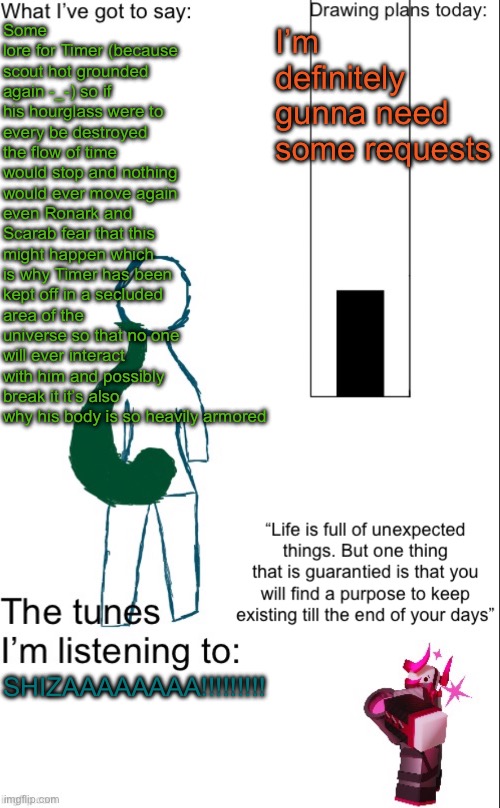 Gm chat | Some lore for Timer (because scout hot grounded again -_-) so if his hourglass were to every be destroyed the flow of time would stop and nothing would ever move again even Ronark and Scarab fear that this might happen which is why Timer has been kept off in a secluded area of the universe so that no one will ever interact with him and possibly break it it’s also why his body is so heavily armored; I’m definitely gunna need some requests; SHIZAAAAAAAA!!!!!!!!! | image tagged in subspacekobold temp | made w/ Imgflip meme maker