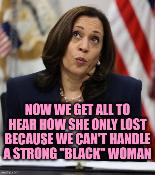 NOW WE GET ALL TO HEAR HOW SHE ONLY LOST BECAUSE WE CAN'T HANDLE A STRONG "BLACK" WOMAN | image tagged in kamala harris | made w/ Imgflip meme maker